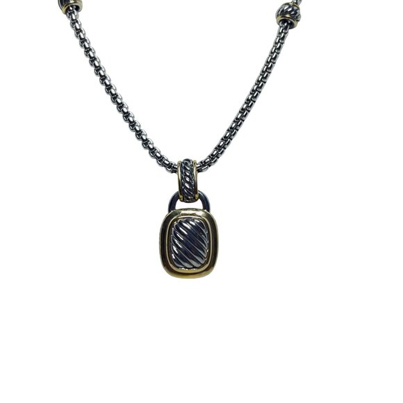 Silver & Gold Tone Rolo Chain Necklace With Hollow Rectangle Pendant (5817) - Picture 3 of 6